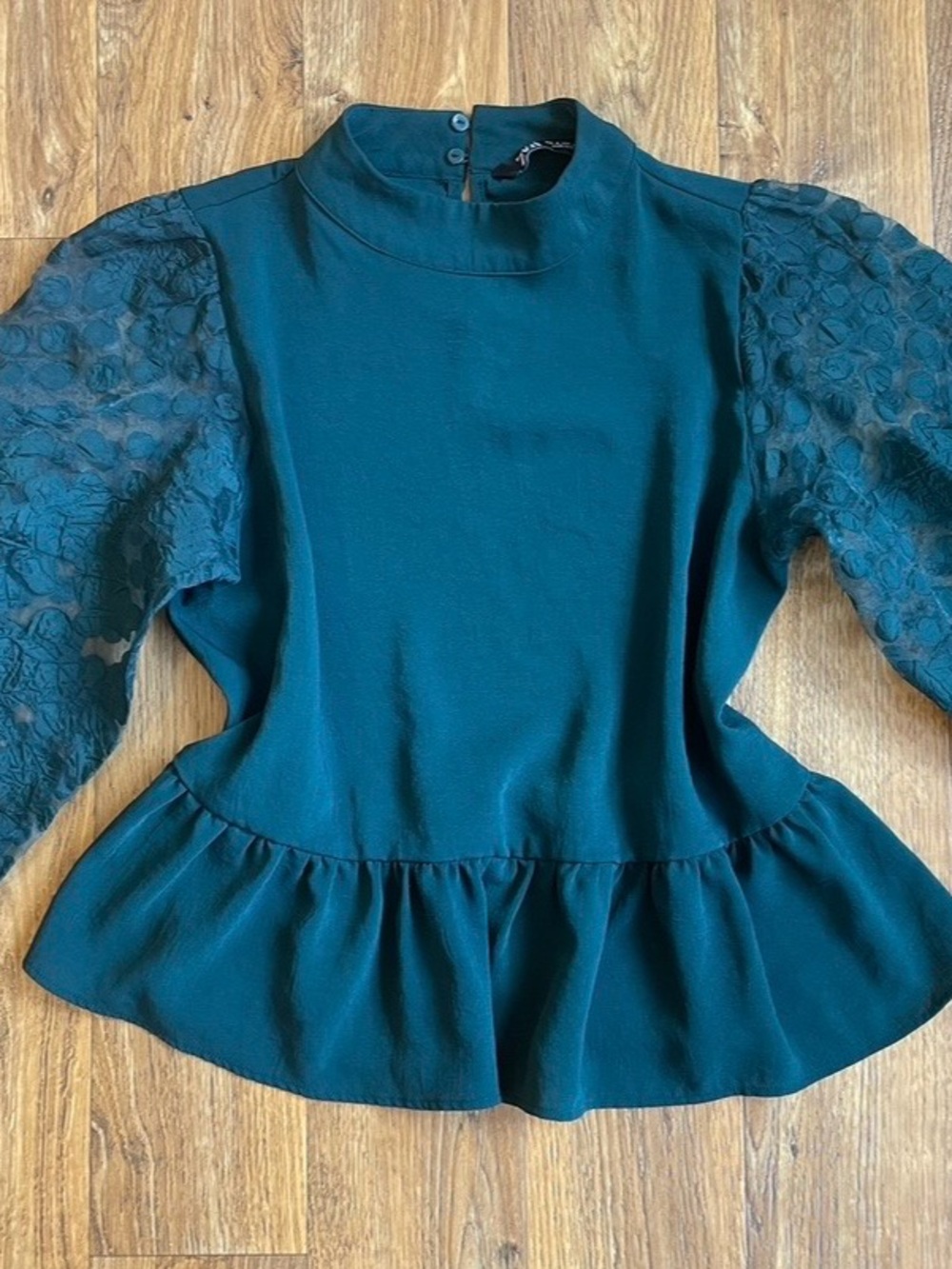 Zara Teal Peplum Top with Lace Puff Sleeves